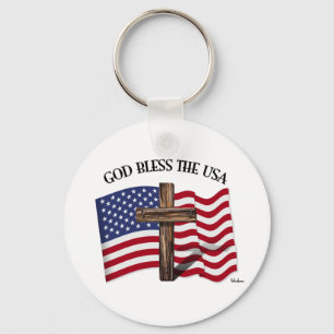 Chaveiro DEUS ABENÇOE OS EUA com cruz áspera & bandeira d