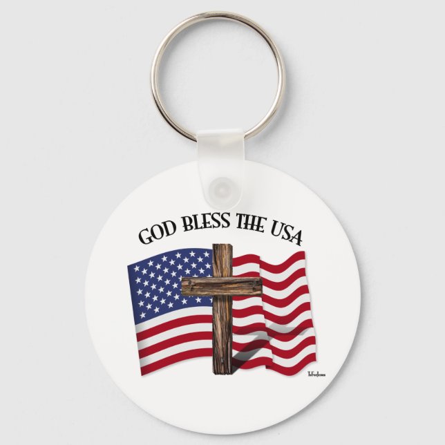 Chaveiro DEUS ABENÇOE OS EUA com cruz robusta & bandeira do (Frente)