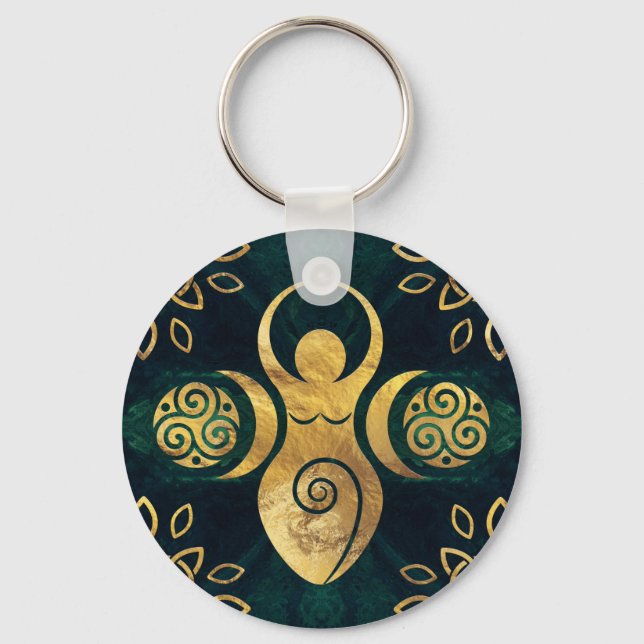 Chaveiro Deusa tripla com triskele - ouro e verde (Frente)