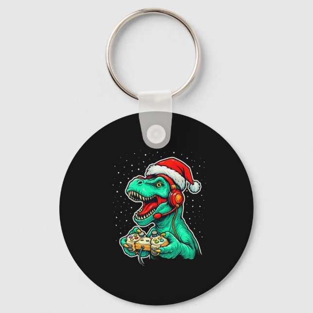 Chaveiro Dinosaur T Rex Playing Video Game Santa Hat Christ (Frente)