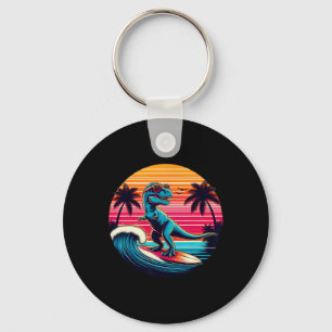 Chaveiro Dinossauro Engraçado Surfando Pôr do Sol Retro Hom