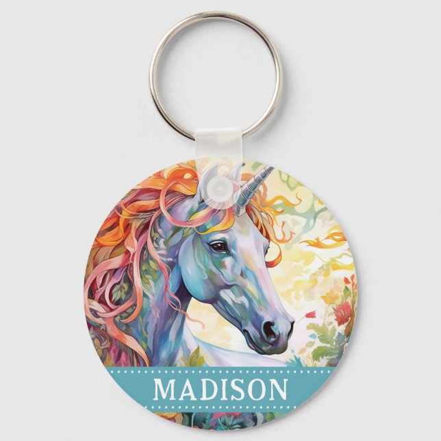 Chaveiro do Rainbow Unicorn com nome personalizado (Frente)