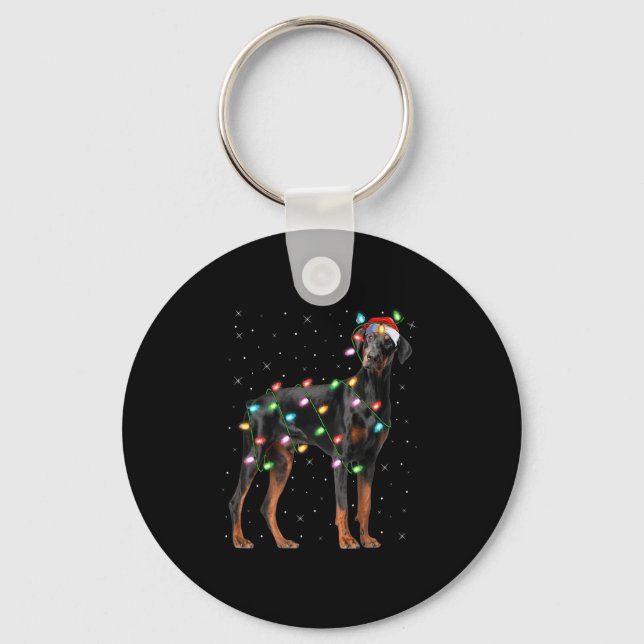 Chaveiro Doberman Dog Christmas Lights Santa Pet Dog Lover  (Frente)