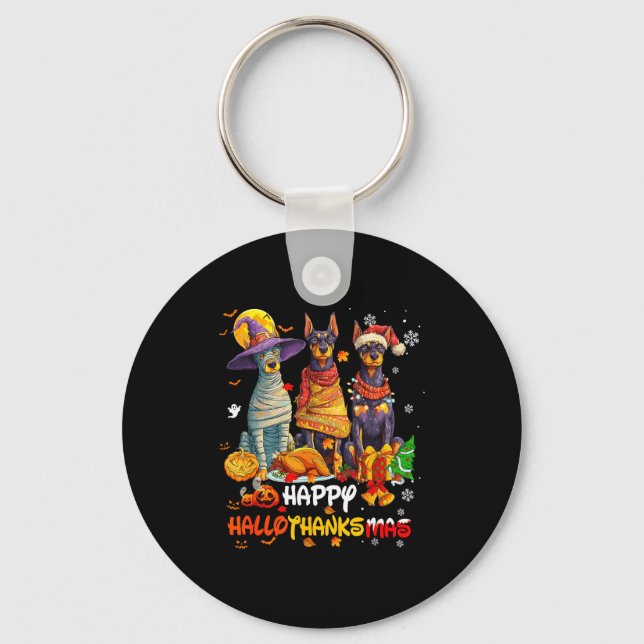 Chaveiro Doberman Happy Hallothanksmas Dog Lover Christmas  (Frente)