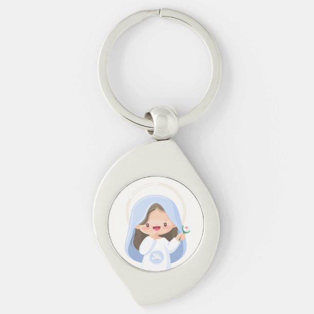Chaveiro Doce Virgem Maria Kawaii Sorridente com Flor (Frente)