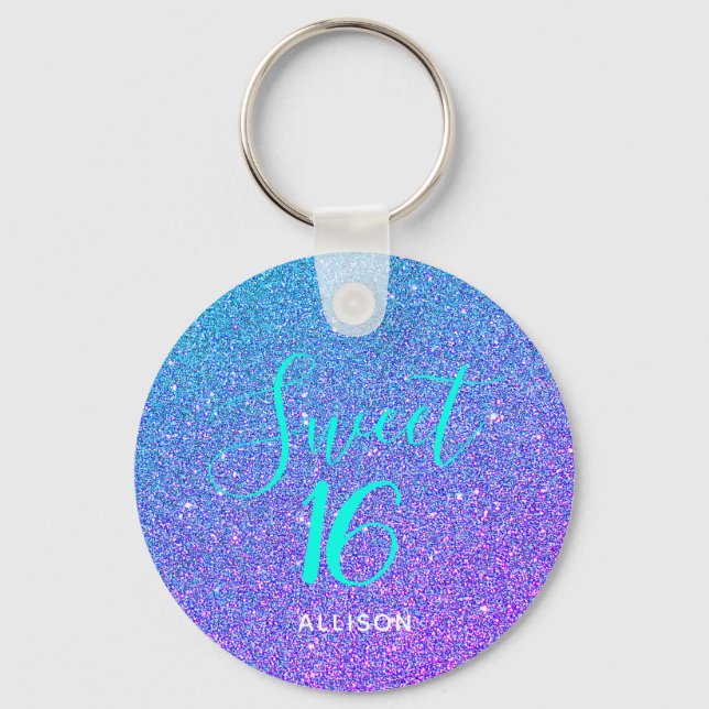 Chaveiro Docinho 16, Glitter Teal Roxo Personalizado (Frente)