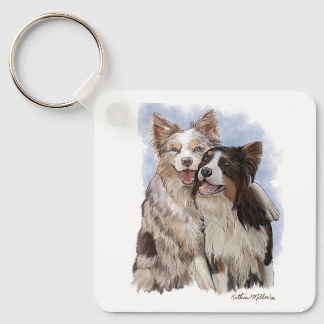 Chaveiro Dois amigos Border Collie de desenho animado (Frente)