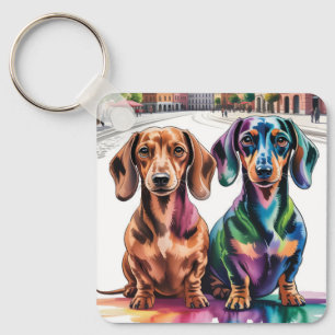 Chaveiro Dois Dachshunds Coloridos na Praça da Cidade Europ