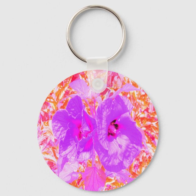 Chaveiro Dois Hibiscus Louco Roxo e Rosa Quente em Vermelho (Frente)