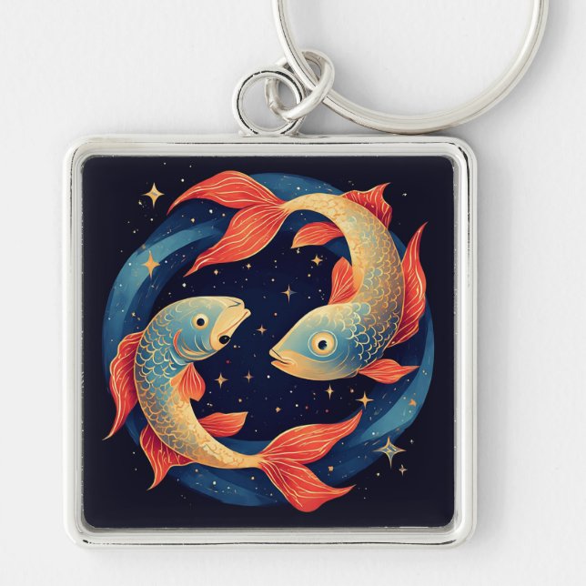 Chaveiro Dois Peixes Koi Nadando Sob o Céu Noturno Estrelad (Frente)