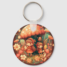 Chaveiro Dois pequenos elfos bonitos sob cogumelos