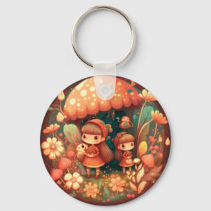 Chaveiro Dois pequenos elfos bonitos sob cogumelos