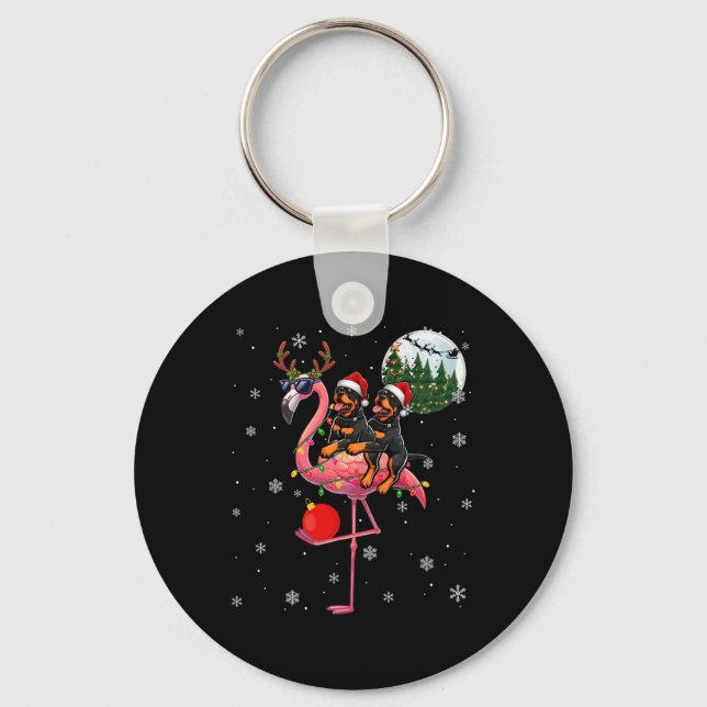 Chaveiro Dois Rottweilers Xmas Andando Flamingo Reindeer Su (Frente)