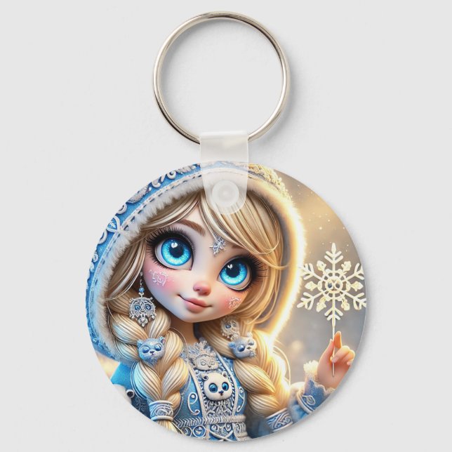 Chaveiro Donzela de Neve Com Floco de Neve Brilhante (Frente)