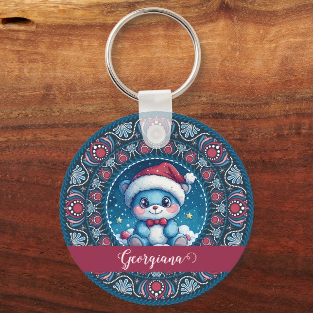 Chaveiro Dot do Urso Kawaii Personalizado de Natal Mandala (Frente)