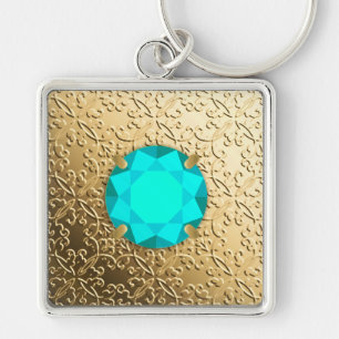 Chaveiro Dourado Damask com uma gemstone faux aquamarine
