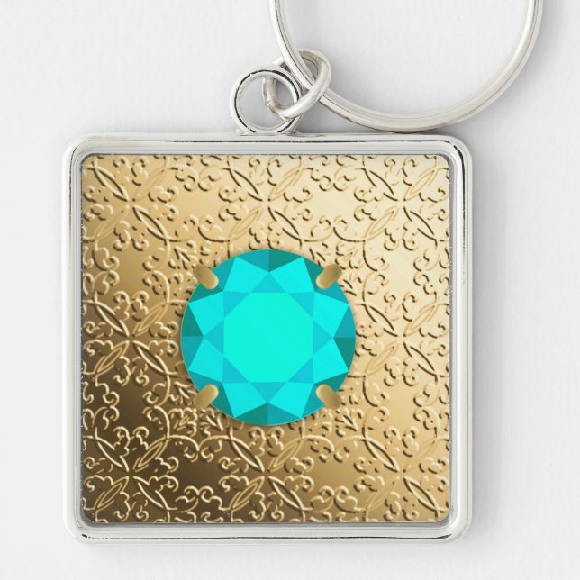 Chaveiro Dourado Damask com uma gemstone faux aquamarine (Frente)