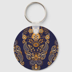 Chaveiro Dourado e azul, padrão floral sem costura.