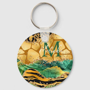 Chaveiro Dourado e Verde Safari Animal Print Agate