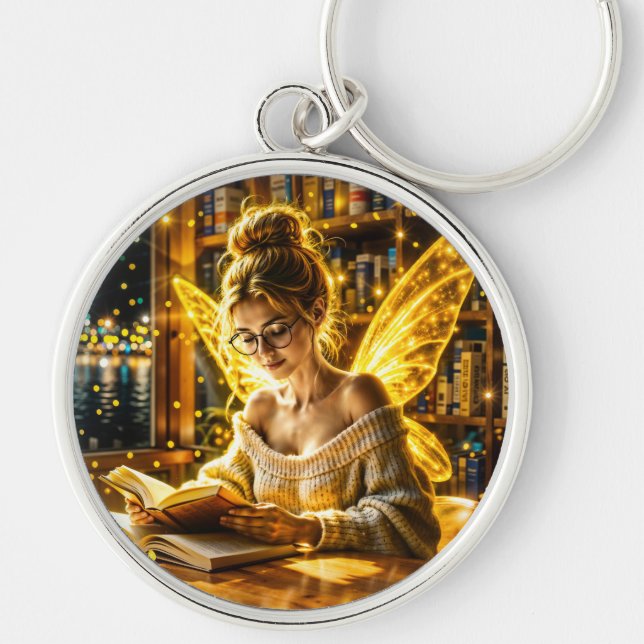 Chaveiro Dourado ouro de fada acadêmica e confortável bibli (Frente)