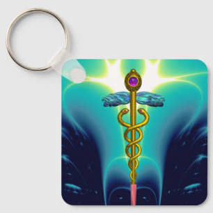 Chaveiro DOURADO SÍMBOLO MÉDICO CADUANEIRO Aqua Azul Turque