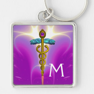 Chaveiro Dourado SÍMBOLO MÉDICO CADUÊMICO MONOGRAMA, Fú
