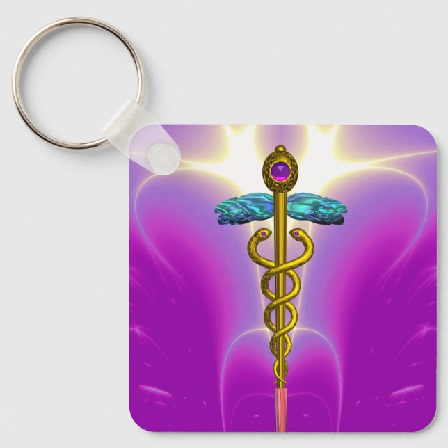 Chaveiro DOURADO SÍMBOLO MÉDICO CADUEUS, Fúcsia Rosa (Frente)