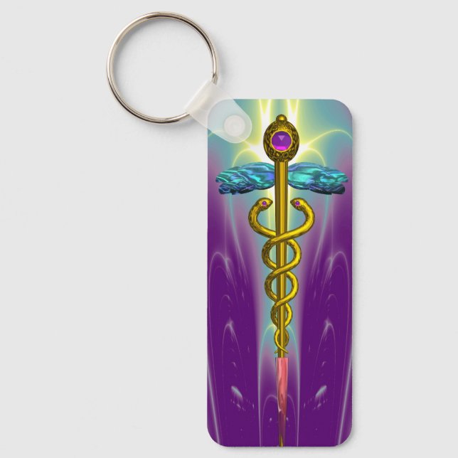 Chaveiro DOURADO SÍMBOLO MÉDICO DO CADUEUS Roxo Verde (Frente)