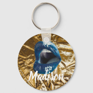 Chaveiro Dourados Lábios Azuis Makeup Beauty Personalizado 