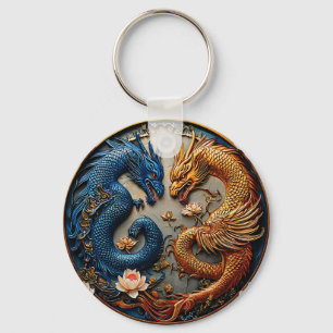 Chaveiro Dragões Azuis e Dourados em Design Yin Yang