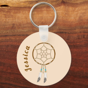 Chaveiro Dream Catcher com Penas e Miçangas de Turquesa