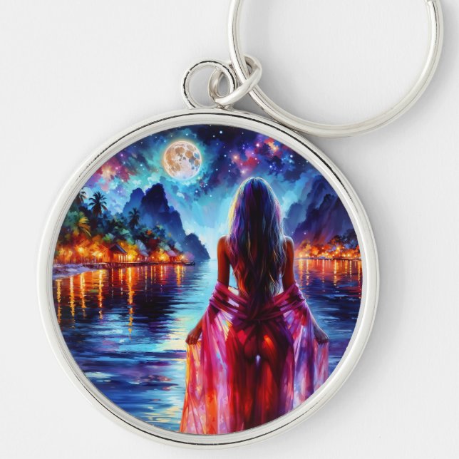 Chaveiro Dreamy ocean beach girl with moon and lights (Frente)