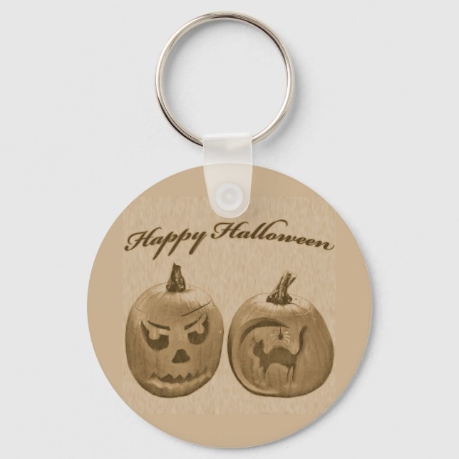 Chaveiro Duas Abóboras Feliz Halloween Pingente (Frente)