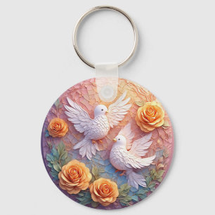 Chaveiro Duas Pombas Brancas em Meio a um Padrão Floral