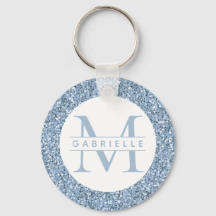 Chaveiro Dusty Blue Glitter Nome personalizado Monograma Ch