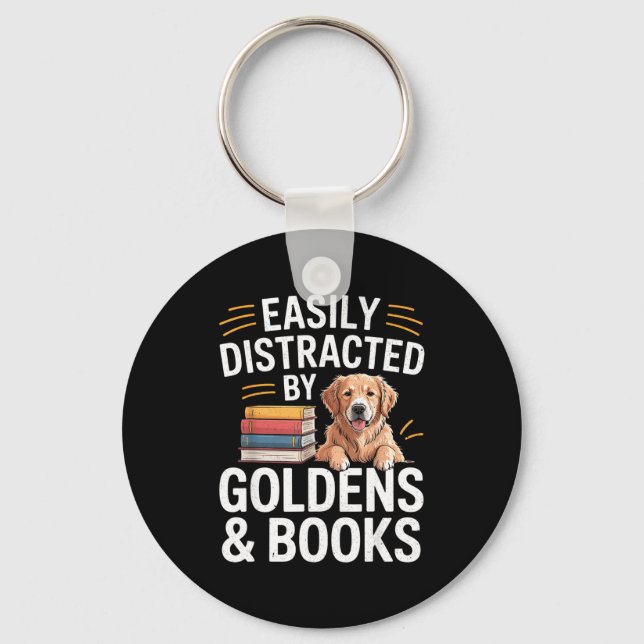 Chaveiro Easily Distracted By Goldens &amp; Books - Golden  (Frente)