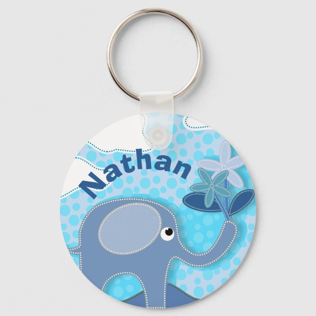 Chaveiro Elefante Azul Bebê e Flor Personalizado (Frente)