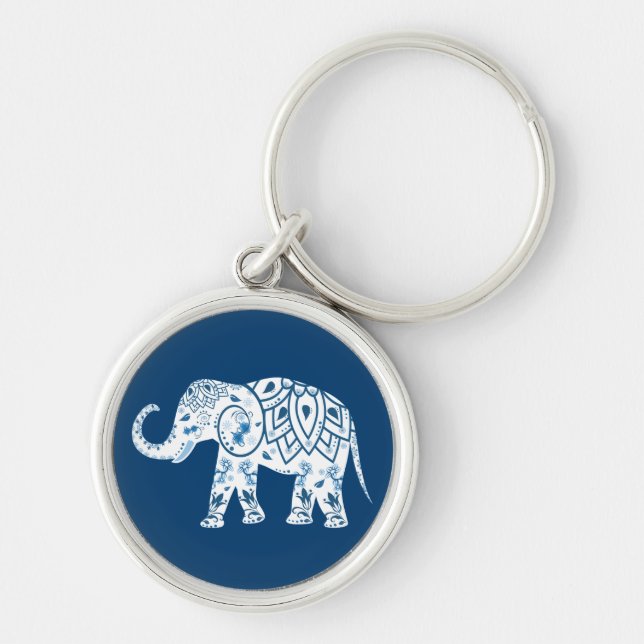 Chaveiro Elefante Azul com Padrão Ornamentado (Frente)