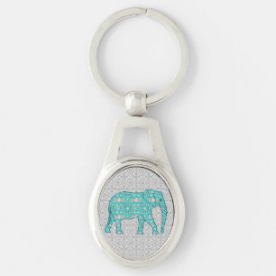 Chaveiro Elefante da flor da mandala - turquesa, cinza &