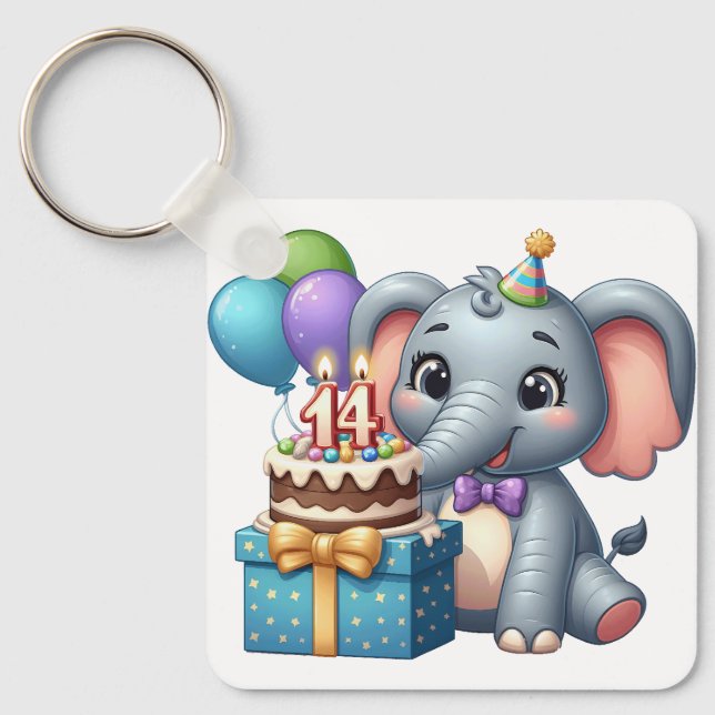 Chaveiro Elefante de aniversário de 14 anos (Frente)
