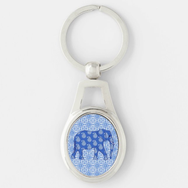 Chaveiro Elefante de Paisley - azuis cobaltos e branco (Frente)