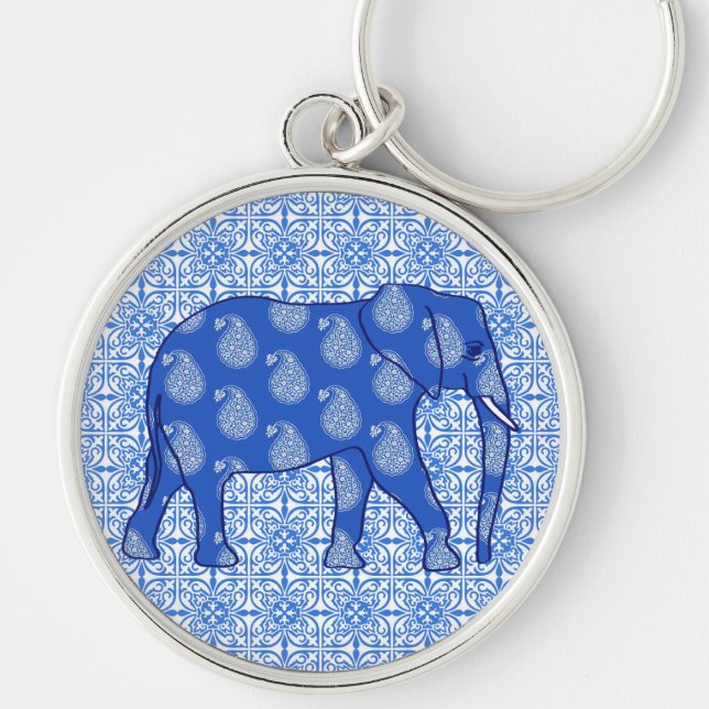Chaveiro Elefante de Paisley - azul de cobalto e branco (Frente)