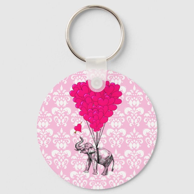 Chaveiro Elefante fofo engraçado & damasco rosa (Frente)
