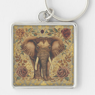 Chaveiro Elefante Vintage, Elefante Antigo Padrão de Flores
