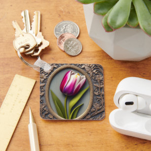 Chaveiro Elegância Fluente: Tulipa Rosa no Design Art Nouve
