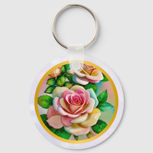 Chaveiro Elegância Rosas Rosa e Amarelo Aquarela Pastel