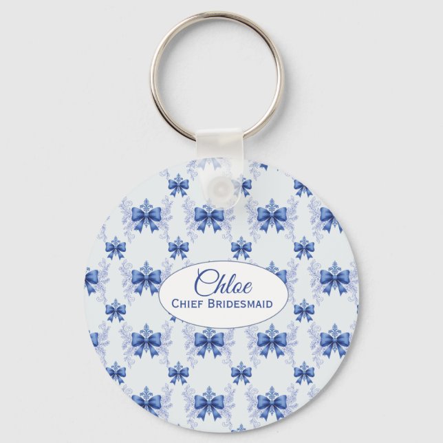 Chaveiro Elegant Blue Bow Bridal Shower (Frente)