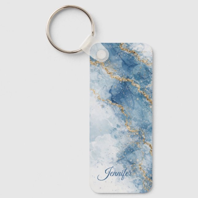 Chaveiro Elegant Blue Gold Glitter Abstract Flow            (Frente)