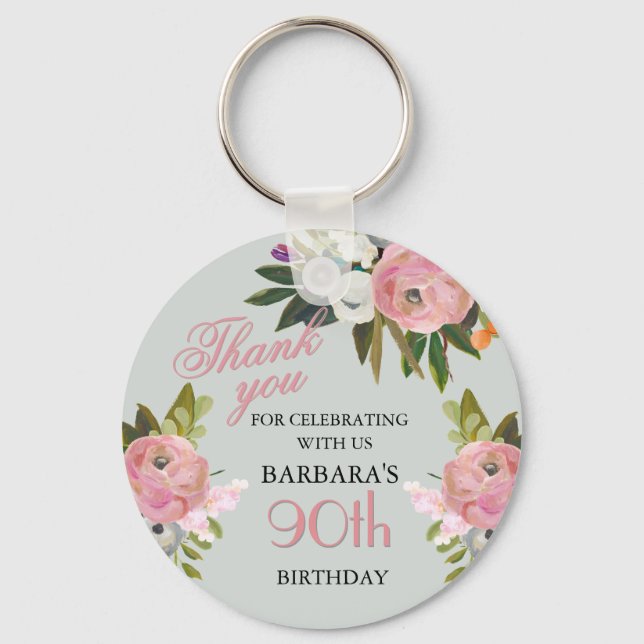 Chaveiro Elegant Floral 90th Birthday Party Favor (Frente)