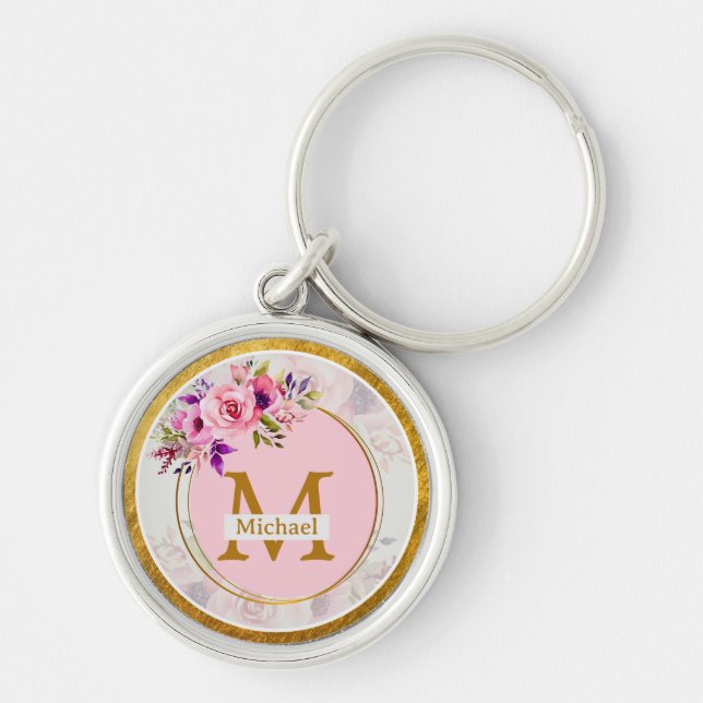 Chaveiro Elegant Floral Gold Monogram | Name & Initial (Frente)